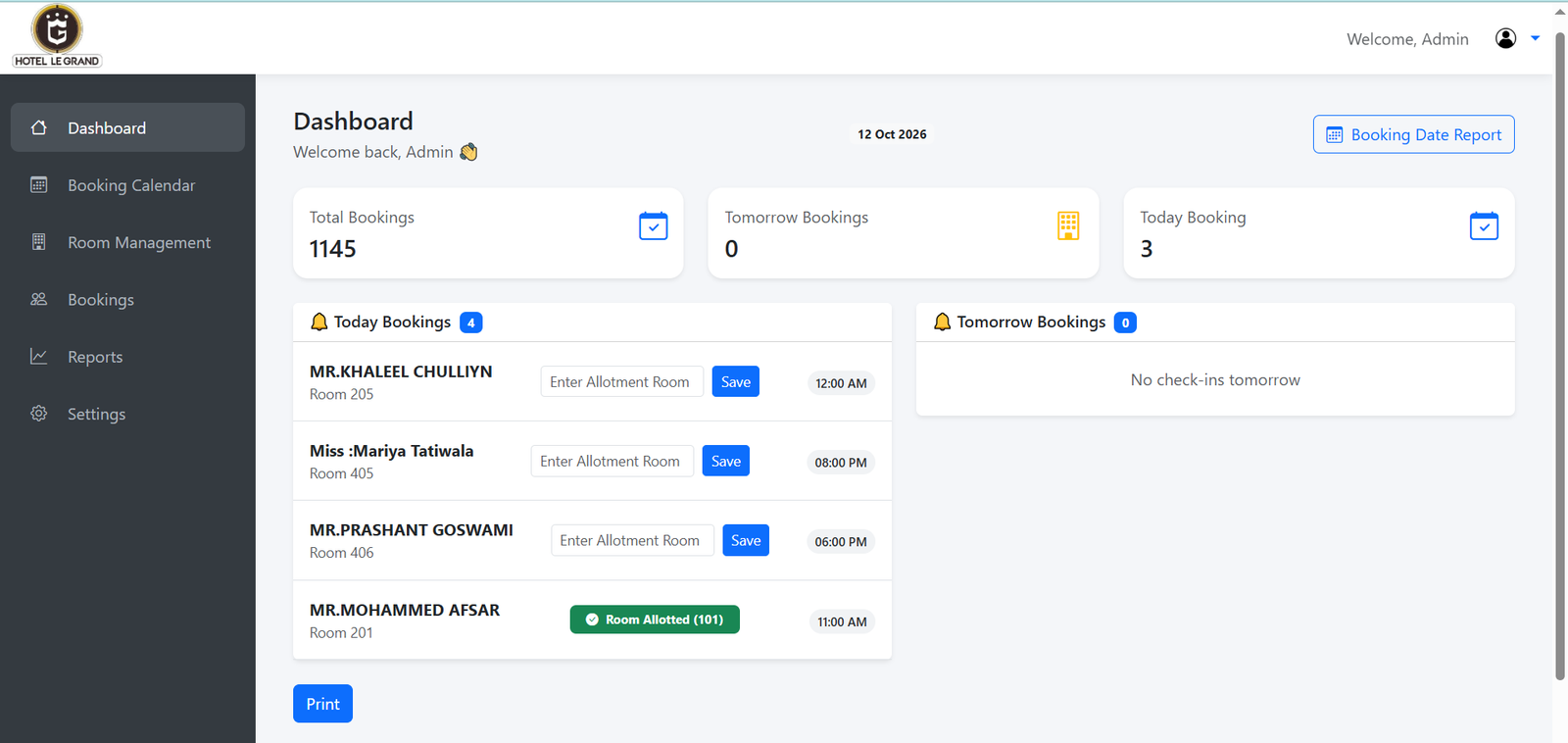 Hotel Le Grand PMS Dashboard